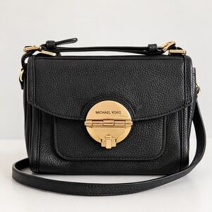 Michael Kors Margo Black Pebbled Leather Crossbody Bag Gold Chain